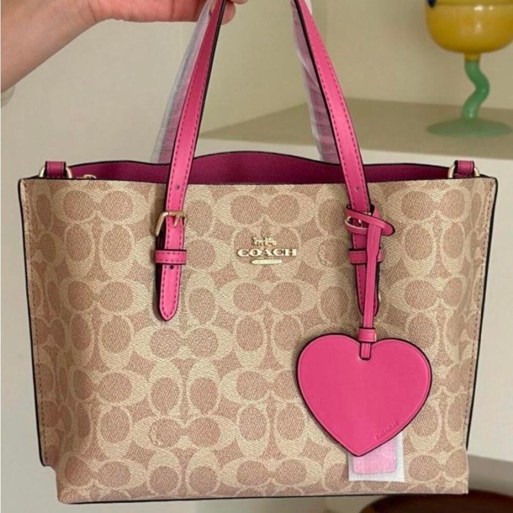 🔆Coach Beige Signature Canvas Tote with Pink Handles and Heart Charm